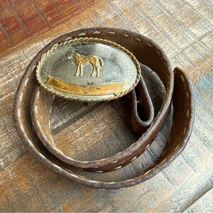 Vintage German Silver Horse Western Belt Buckle Single Banner With Belt 22-26”
